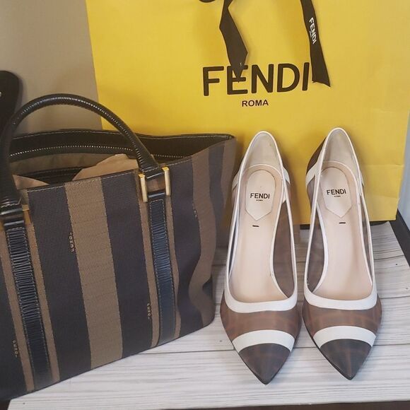 FENDI Colibri FF Monogram Mesh And Leather Heels - Picture 1 of 12